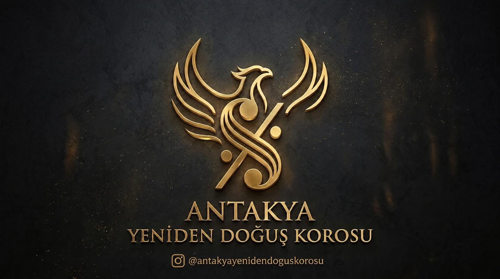 Antakya Yeniden Doğuş Korosu, altın renkli anka kuşu ve müzik simgeli logosu